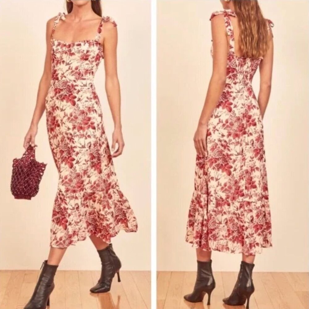 Reformation Red Toile Floral Nikita Midi Dress